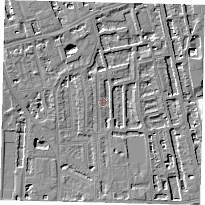 Shaded relief map of the ground around W60DU, computed from Environment Agency LiDAR. The ground here sits at about 4 m above sea level and falls 7 m across the surrounding 800 m. Surface water reaching this point runs off ground lying to the north-north-west, 4.4 m higher.