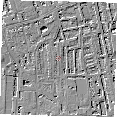 Shaded relief map of the ground around W60DX, computed from Environment Agency LiDAR. The ground here sits at about 5 m above sea level and falls 7 m across the surrounding 800 m. Surface water reaching this point runs off ground lying to the north, 4.4 m higher.