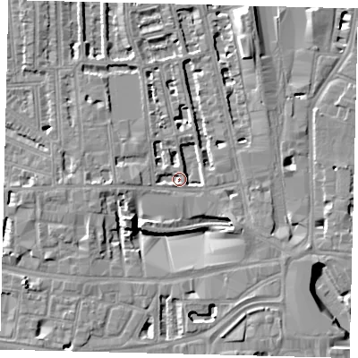 Shaded relief map of the ground around W60DY, computed from Environment Agency LiDAR. The ground here sits at about 4 m above sea level and falls 8 m across the surrounding 800 m. Surface water reaching this point runs off ground lying to the south-west, 7.8 m higher.
