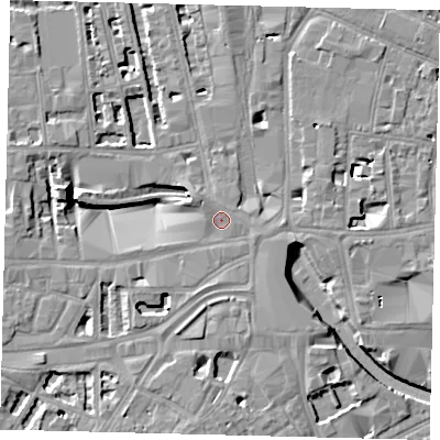 Shaded relief map of the ground around W60ED, computed from Environment Agency LiDAR. The ground here sits at about 5 m above sea level and falls 8 m across the surrounding 800 m. Surface water reaching this point runs off ground lying to the north-west, 1.1 m higher.
