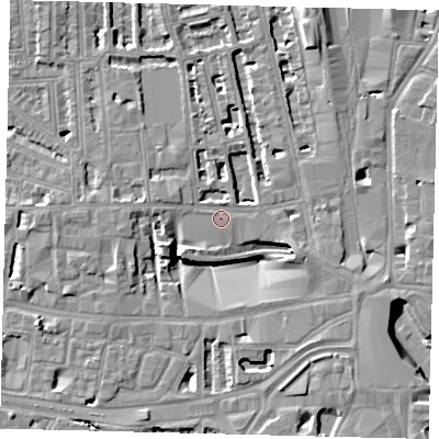 Shaded relief map of the ground around W60EF, computed from Environment Agency LiDAR. The ground here sits at about 4 m above sea level and falls 8 m across the surrounding 800 m. Surface water reaching this point runs off ground lying to the west-south-west, 7.8 m higher.