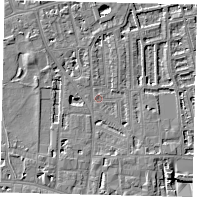 Shaded relief map of the ground around W60EP, computed from Environment Agency LiDAR. The ground here sits at about 4 m above sea level and falls 8 m across the surrounding 800 m. Surface water reaching this point runs off ground lying to the south-west, 2.6 m higher.