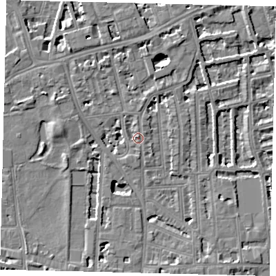 Shaded relief map of the ground around W60ET, computed from Environment Agency LiDAR. The ground here sits at about 5 m above sea level and falls 5 m across the surrounding 800 m. Surface water reaching this point runs off ground lying to the north, 1.7 m higher.