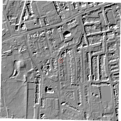 Shaded relief map of the ground around W60EU, computed from Environment Agency LiDAR. The ground here sits at about 5 m above sea level and falls 5 m across the surrounding 800 m. Surface water reaching this point runs off ground lying to the north-north-east, 4.7 m higher.