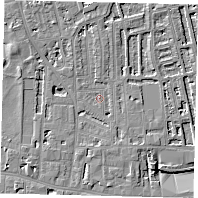 Shaded relief map of the ground around W60EY, computed from Environment Agency LiDAR. The ground here sits at about 4 m above sea level and falls 8 m across the surrounding 800 m. Surface water reaching this point runs off ground lying to the south, 4.1 m higher.