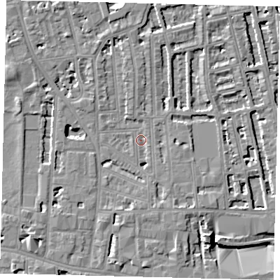 Shaded relief map of the ground around W60EZ, computed from Environment Agency LiDAR. The ground here sits at about 4 m above sea level and falls 8 m across the surrounding 800 m. Surface water reaching this point runs off ground lying to the south, 4.1 m higher.