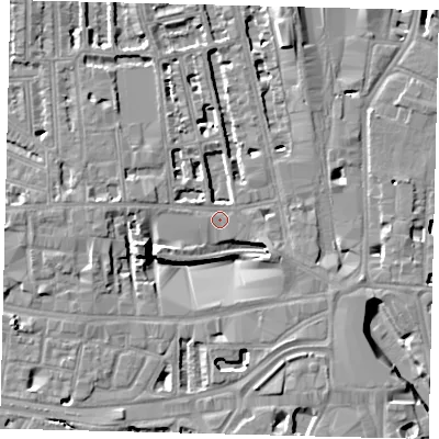 Shaded relief map of the ground around W60FA, computed from Environment Agency LiDAR. The ground here sits at about 4 m above sea level and falls 8 m across the surrounding 800 m. Surface water reaching this point runs off ground lying to the south-east, 6.5 m higher.