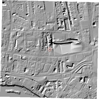 Shaded relief map of the ground around W60FY, computed from Environment Agency LiDAR. The ground here sits at about 5 m above sea level and falls 8 m across the surrounding 800 m. Surface water reaching this point runs off ground lying to the south, 6.7 m higher.