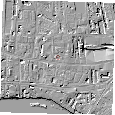Shaded relief map of the ground around W60GY, computed from Environment Agency LiDAR. The ground here sits at about 5 m above sea level and falls 8 m across the surrounding 800 m. Surface water reaching this point runs off ground lying to the north-east, 1.7 m higher.