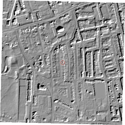 Shaded relief map of the ground around W60HA, computed from Environment Agency LiDAR. The ground here sits at about 4 m above sea level and falls 5 m across the surrounding 800 m. Surface water reaching this point runs off ground lying to the west, 5.3 m higher.