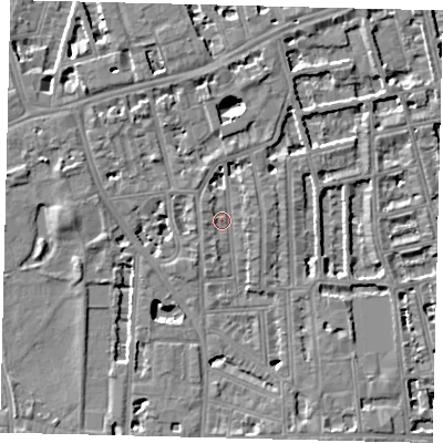 Shaded relief map of the ground around W60HB, computed from Environment Agency LiDAR. The ground here sits at about 4 m above sea level and falls 5 m across the surrounding 800 m. Surface water reaching this point runs off ground lying to the west, 5.3 m higher.