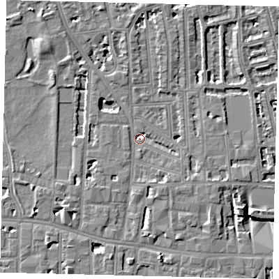 Shaded relief map of the ground around W60HD, computed from Environment Agency LiDAR. The ground here sits at about 4 m above sea level and falls 8 m across the surrounding 800 m. Surface water reaching this point runs off ground lying to the south-west, 4.4 m higher.