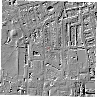 Shaded relief map of the ground around W60HE, computed from Environment Agency LiDAR. The ground here sits at about 4 m above sea level and falls 8 m across the surrounding 800 m. Surface water reaching this point runs off ground lying to the west-north-west, 4.2 m higher.