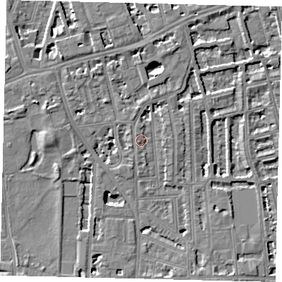 Shaded relief map of the ground around W60HF, computed from Environment Agency LiDAR. The ground here sits at about 5 m above sea level and falls 5 m across the surrounding 800 m. Surface water reaching this point runs off ground lying to the west, 5.3 m higher.