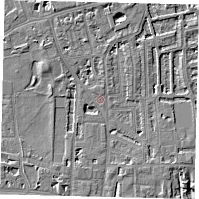Shaded relief map of the ground around W60HG, computed from Environment Agency LiDAR. The ground here sits at about 4 m above sea level and falls 7 m across the surrounding 800 m. Surface water reaching this point runs off ground lying to the west-north-west, 5.3 m higher.