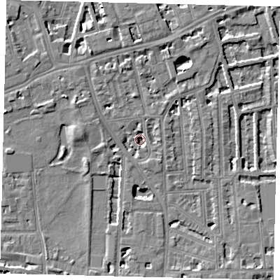 Shaded relief map of the ground around W60HH, computed from Environment Agency LiDAR. The ground here sits at about 3 m above sea level and falls 5 m across the surrounding 800 m. Surface water reaching this point runs off ground lying to the west, 5.3 m higher.