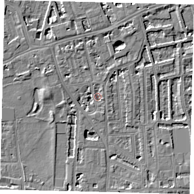 Shaded relief map of the ground around W60HJ, computed from Environment Agency LiDAR. The ground here sits at about 4 m above sea level and falls 5 m across the surrounding 800 m. Surface water reaching this point runs off ground lying to the west, 5.3 m higher.