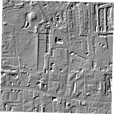 Shaded relief map of the ground around W60HP, computed from Environment Agency LiDAR. The ground here sits at about 5 m above sea level and falls 6 m across the surrounding 800 m. Surface water reaching this point runs off ground lying to the south-west, 2.6 m higher.