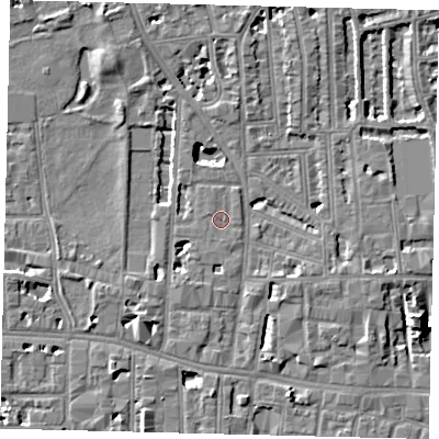 Shaded relief map of the ground around W60HR, computed from Environment Agency LiDAR. The ground here sits at about 5 m above sea level and falls 7 m across the surrounding 800 m. Surface water reaching this point runs off ground lying to the south, 0.6 m higher.