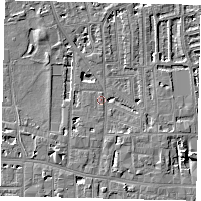 Shaded relief map of the ground around W60HS, computed from Environment Agency LiDAR. The ground here sits at about 5 m above sea level and falls 7 m across the surrounding 800 m. Surface water reaching this point runs off ground lying to the south-west, 5.3 m higher.