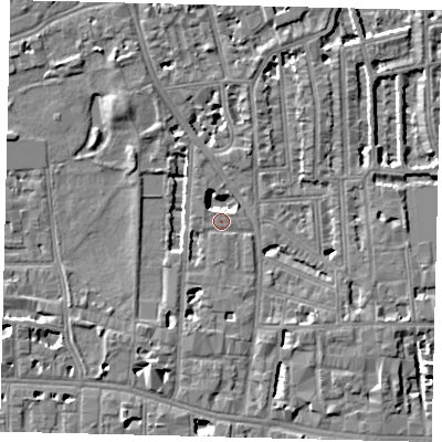 Shaded relief map of the ground around W60HT, computed from Environment Agency LiDAR. The ground here sits at about 5 m above sea level and falls 7 m across the surrounding 800 m. Surface water reaching this point runs off ground lying to the south-west, 2.6 m higher.