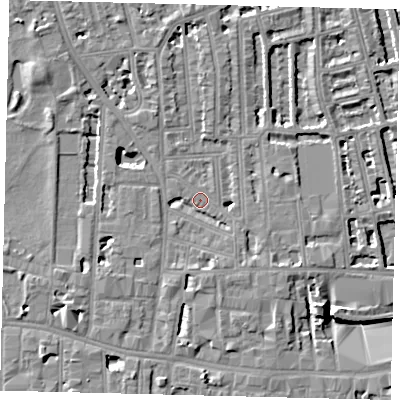 Shaded relief map of the ground around W60HX, computed from Environment Agency LiDAR. The ground here sits at about 4 m above sea level and falls 8 m across the surrounding 800 m. Surface water reaching this point runs off ground lying to the south-south-east, 4.1 m higher.