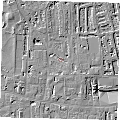 Shaded relief map of the ground around W60HY, computed from Environment Agency LiDAR. The ground here sits at about 4 m above sea level and falls 8 m across the surrounding 800 m. Surface water reaching this point runs off ground lying to the south-south-east, 4.1 m higher.