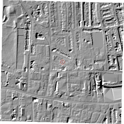 Shaded relief map of the ground around W60HZ, computed from Environment Agency LiDAR. The ground here sits at about 5 m above sea level and falls 8 m across the surrounding 800 m. Surface water reaching this point runs off ground lying to the east-south-east, 1.1 m higher.