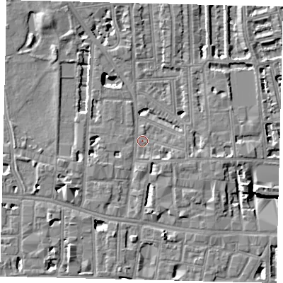 Shaded relief map of the ground around W60JA, computed from Environment Agency LiDAR. The ground here sits at about 5 m above sea level and falls 8 m across the surrounding 800 m. Surface water reaching this point runs off ground lying to the south-south-west, 4.6 m higher.