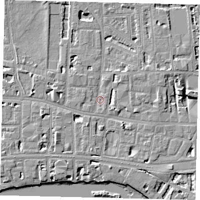 Shaded relief map of the ground around W60JB, computed from Environment Agency LiDAR. The ground here sits at about 4 m above sea level and falls 7 m across the surrounding 800 m. Surface water reaching this point runs off ground lying to the south-west, 5.4 m higher.