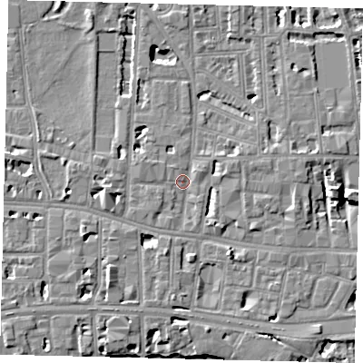 Shaded relief map of the ground around W60JD, computed from Environment Agency LiDAR. The ground here sits at about 5 m above sea level and falls 7 m across the surrounding 800 m. Surface water reaching this point runs off ground lying to the south-west, 5.4 m higher.