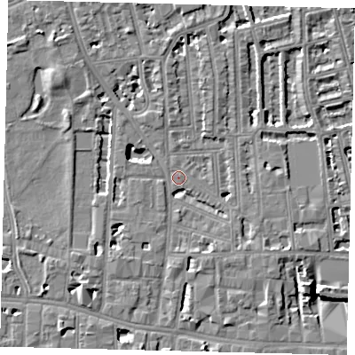 Shaded relief map of the ground around W60JE, computed from Environment Agency LiDAR. The ground here sits at about 4 m above sea level and falls 8 m across the surrounding 800 m. Surface water reaching this point runs off ground lying to the south-west, 4.4 m higher.