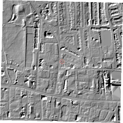 Shaded relief map of the ground around W60JF, computed from Environment Agency LiDAR. The ground here sits at about 4 m above sea level and falls 8 m across the surrounding 800 m. Surface water reaching this point runs off ground lying to the south-south-west, 4.6 m higher.