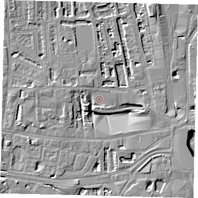 Shaded relief map of the ground around W60JR, computed from Environment Agency LiDAR. The ground here sits at about 4 m above sea level and falls 8 m across the surrounding 800 m. Surface water reaching this point runs off ground lying to the west-south-west, 7.8 m higher.