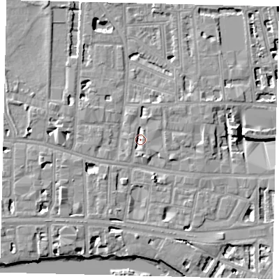 Shaded relief map of the ground around W60JS, computed from Environment Agency LiDAR. The ground here sits at about 4 m above sea level and falls 8 m across the surrounding 800 m. Surface water reaching this point runs off ground lying to the north-north-east, 2.7 m higher.