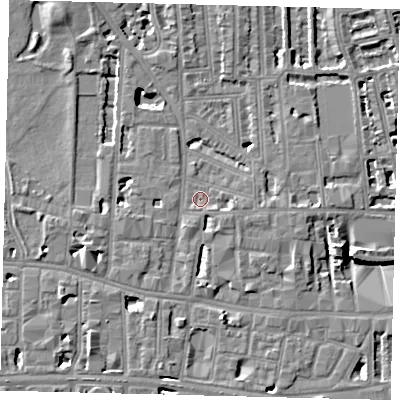 Shaded relief map of the ground around W60JT, computed from Environment Agency LiDAR. The ground here sits at about 5 m above sea level and falls 8 m across the surrounding 800 m. Surface water reaching this point runs off ground lying to the south-east, 1.7 m higher.