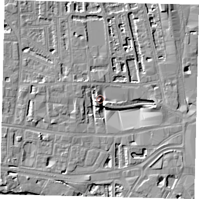 Shaded relief map of the ground around W60JZ, computed from Environment Agency LiDAR. The ground here sits at about 5 m above sea level and falls 8 m across the surrounding 800 m. Surface water reaching this point runs off ground lying to the west-south-west, 7.8 m higher.