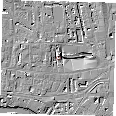 Shaded relief map of the ground around W60LA, computed from Environment Agency LiDAR. The ground here sits at about 4 m above sea level and falls 8 m across the surrounding 800 m. Surface water reaching this point runs off ground lying to the north, 7.8 m higher.