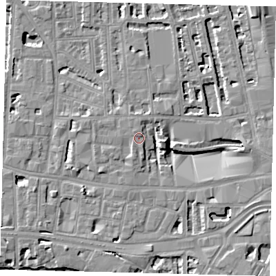 Shaded relief map of the ground around W60LD, computed from Environment Agency LiDAR. The ground here sits at about 5 m above sea level and falls 8 m across the surrounding 800 m. Surface water reaching this point runs off ground lying to the south, 1.6 m higher.