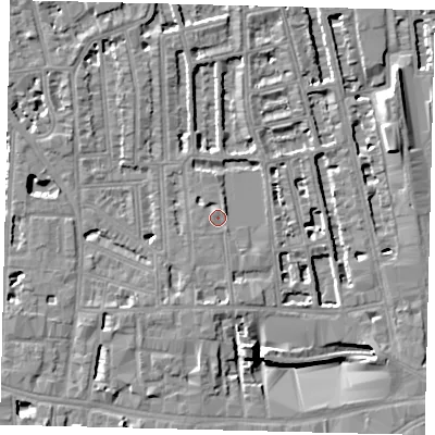 Shaded relief map of the ground around W60LE, computed from Environment Agency LiDAR. The ground here sits at about 4 m above sea level and falls 8 m across the surrounding 800 m. Surface water reaching this point runs off ground lying to the south-south-east, 7.8 m higher.