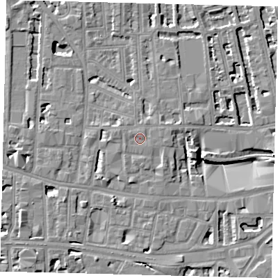 Shaded relief map of the ground around W60LJ, computed from Environment Agency LiDAR. The ground here sits at about 5 m above sea level and falls 8 m across the surrounding 800 m. Surface water reaching this point runs off ground lying to the west-north-west, 0.7 m higher.
