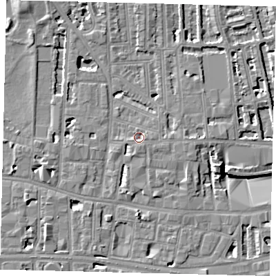 Shaded relief map of the ground around W60LP, computed from Environment Agency LiDAR. The ground here sits at about 4 m above sea level and falls 8 m across the surrounding 800 m. Surface water reaching this point runs off ground lying to the south, 1.7 m higher.