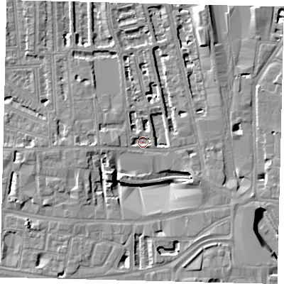 Shaded relief map of the ground around W60LS, computed from Environment Agency LiDAR. The ground here sits at about 3 m above sea level and falls 8 m across the surrounding 800 m. Surface water reaching this point runs off ground lying to the south-west, 7.8 m higher.
