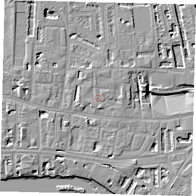 Shaded relief map of the ground around W60LT, computed from Environment Agency LiDAR. The ground here sits at about 5 m above sea level and falls 8 m across the surrounding 800 m. Surface water reaching this point runs off ground lying to the north-north-west, 1.0 m higher.