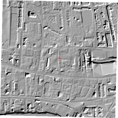 Shaded relief map of the ground around W60LX, computed from Environment Agency LiDAR. The ground here sits at about 5 m above sea level and falls 8 m across the surrounding 800 m. Surface water reaching this point runs off ground lying to the north-north-east, 0.8 m higher.