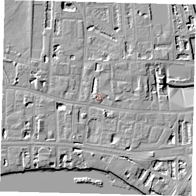 Shaded relief map of the ground around W60LY, computed from Environment Agency LiDAR. The ground here sits at about 5 m above sea level and falls 8 m across the surrounding 800 m. Surface water reaching this point runs off ground lying to the south-south-east, 2.6 m higher.