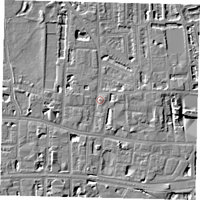 Shaded relief map of the ground around W60LZ, computed from Environment Agency LiDAR. The ground here sits at about 5 m above sea level and falls 8 m across the surrounding 800 m. Surface water reaching this point runs off ground lying to the south-west, 5.4 m higher.