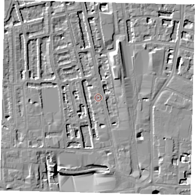 Shaded relief map of the ground around W60NE, computed from Environment Agency LiDAR. The ground here sits at about 4 m above sea level and falls 8 m across the surrounding 800 m. Surface water reaching this point runs off ground lying to the south-south-east, 3.0 m higher.