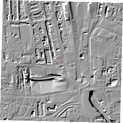 Shaded relief map of the ground around W60NG, computed from Environment Agency LiDAR. The ground here sits at about 4 m above sea level and falls 8 m across the surrounding 800 m. Surface water reaching this point runs off ground lying to the south-south-east, 6.5 m higher.