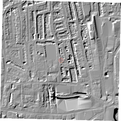 Shaded relief map of the ground around W60PA, computed from Environment Agency LiDAR. The ground here sits at about 4 m above sea level and falls 8 m across the surrounding 800 m. Surface water reaching this point runs off ground lying to the south-south-west, 7.8 m higher.